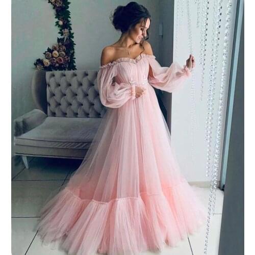 Sweetheart Neck Long Sleeve Blush Pink Tulle A Line Evening Dress 2020 Off the Shoulder Long Formal Evening Gowns for Woman
