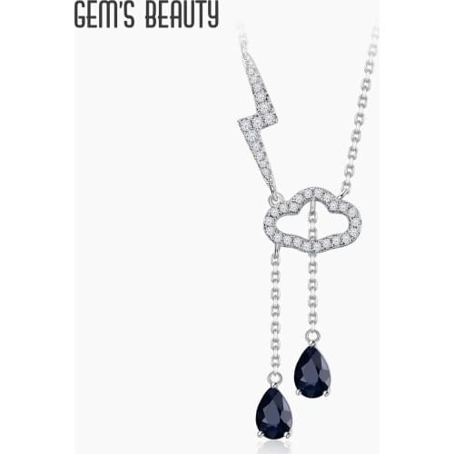 GEMS BEAUTY 925 Sterling Silver Rosary Necklace Natural Blue Sapphire Gemstone Clouds Rain Lightning Pendant Necklace For Women
