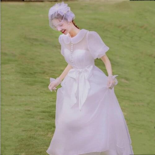 New Vintage Reception Bride Dress Short Sleeves Organza Photos Shooting Simple White Wedding Dress robe de soirée de mariage