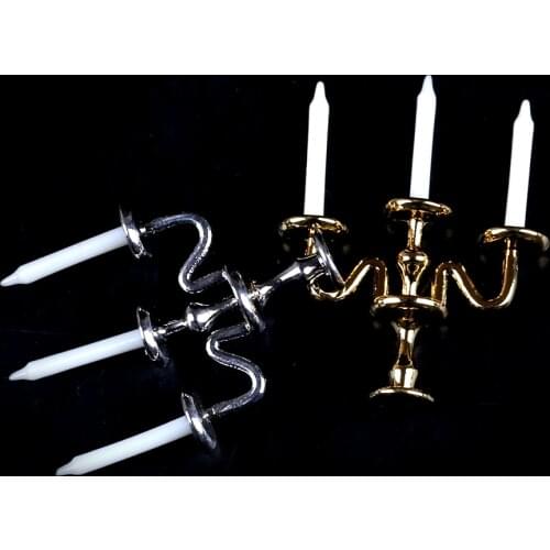 1pc 1:12 Scale 3-arm Candelabra Dollhouse Miniature Candlesticks White Candles Furniture Toy Pretend Play Doll House Accessories
