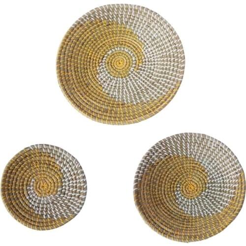 3pcs Boho Woven Wall Basket Decor Handmade Seagrass Hanging Decorative Tray Bowl Fruit Coffee Tea Dessert Plate