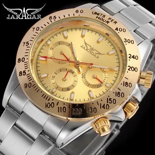 Jaragar Brand Luxury Men Watch Gold Big Dial Date Calendar Auto Mechanical Watches Stainless Steel Business Wristwatch Man Clock