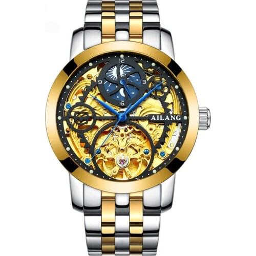 AILANG Sports Men Tourbillon Mechanical Watch Steel Band Skeleton Watches Automatic Business Mens Top Brand Luxury Clock