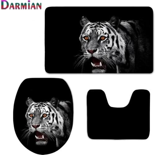Hot 3D Animal Toilet Seat Covers Cool Tiger Black Printed Non-slip Bathroom Rugs Home Decorative Indoor Warmer Carpet 3Piece set