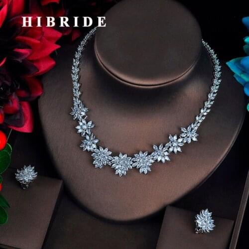 HIBRIDE Luxury Clear Marquise Cut CZ Stone Pendientes Wedding Jewelry Sets Flower Shape Earring Necklace Brincos Bijoux N-632