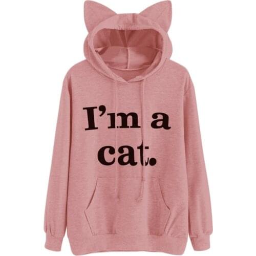 I'm a cat Letter Print Cat Ear Hoodie Regular Full Sleeve Sweet Hooded Pullover Autumn Women Girl Sweatshirt Large Size 3XL
