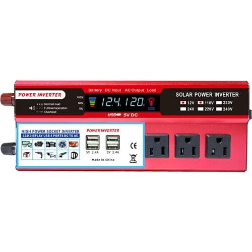 Solar Power Inverter High Efficiency Wave Inverter Home Car RV Solar Power Converter with LCD Display DC 12V to 110V AC 2000W