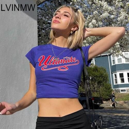 LVINMW Letter Printing Casual Slim Short Sleeve Navel Woman T Shirts O Neck Basic Patchwork Chic Crop Top For Summer Streetwear