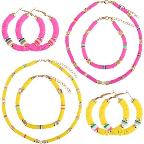 Bohemian Ethnic Style Womens Polymer Clay String Beads Choker Bracelet Earrings Set Elegant Femme Handmade Seeds Beaded Jewelry