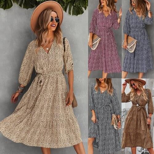 Autumn Women Dress Print Leopard Sexy V-Neck Full Sleeve Elegant Hem Slim Fashion Casual Winter Female Vestido Party Robe C3012