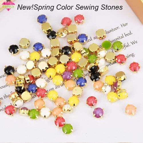 RESEN New 8mm Mixed Spring Jelly Color Sewing Rhinestones With Gold Claw Flatback Resin DIY Sew On Rhinestone For Dresses