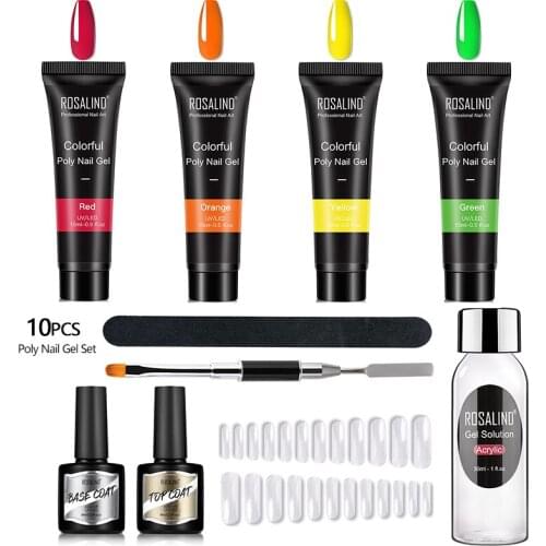 ROSALIND Nail Extension Glue Poly UV Gel Set 15ml Crystal Clear Colors Gel With Nail Tools 10/12PCS Set For Nail Art Design