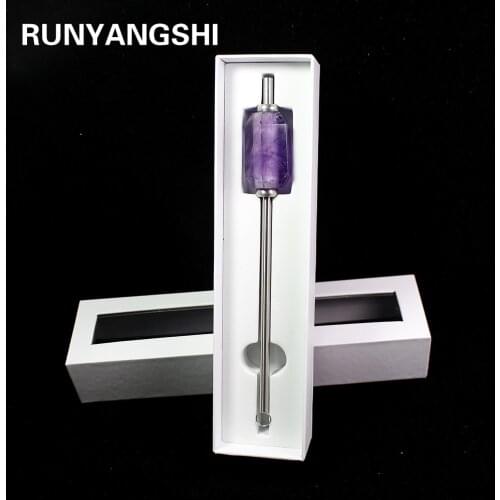 Runyangshi 1pc New Eco-friendly Reusable Natural amethyst quartz crystal stainless steel Drink straw With Brush and giftbox