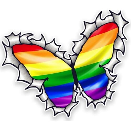 Ripped Torn Metal Butterfly Design with Gay Pride LGBT Rainbow Flag External Vinyl Car Sticker PVC 15cm X 13cm