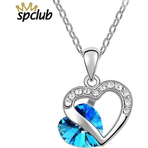 SPCLUB Silver Color Link Chain Heart Crystal From Swarovski Pendant Necklace for Valentines Day Gift of Love Fashion Jewelry
