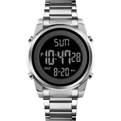SKMEI LED Digital Mens Watch Stainless Steel Bracelet Simple Silver Alarm Clock 12/24 Hour Male Wristwatch Reloj Hombre 1611
