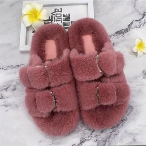 Womens Fur Slides Slippers Vacatin Beach Flat Sandals Casual Flip Flops Women Shoes Slipper Mink Fur Women‘s Home Slippers
