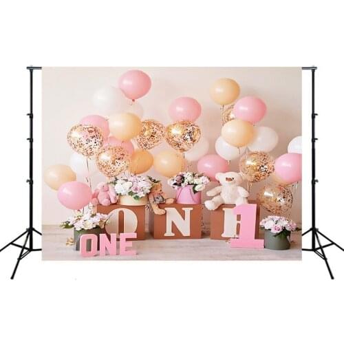 Orange Pink Balloons Girls Portrait Photography Backdrop One Year Birthday Party Photo Background Vinyl Photocall Booth Props