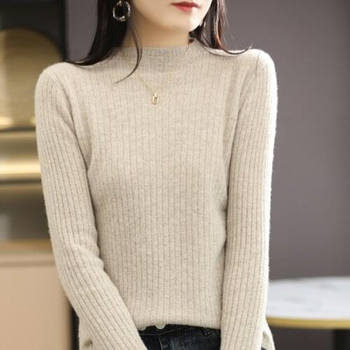 100% pure wool knitted half high neck pullover womens long-sleeved sweater casual all-match solid color slim bottoming shirt