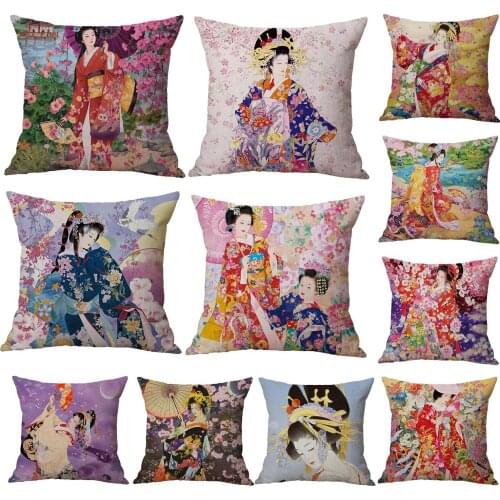 Japanese Geisha Girl Woman Beauty Throw Pillow Cases 45X45cm Beige Linen Cushion Cover Sofa Bedroom Decoration