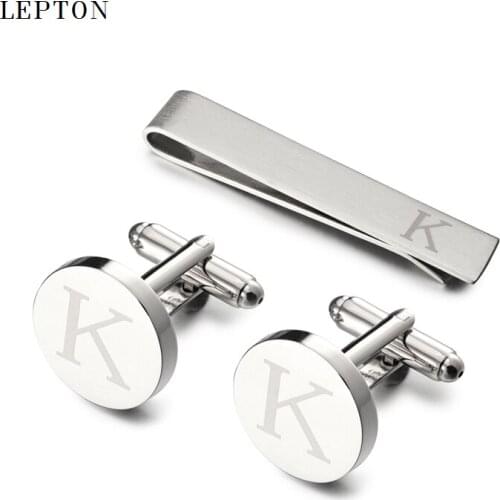 Hot Sale Round Letters K Cufflinks for Mens Silver Color Letters K of alphabet Cuff links & Tie Clip Set Men Shirt Cuffs Button