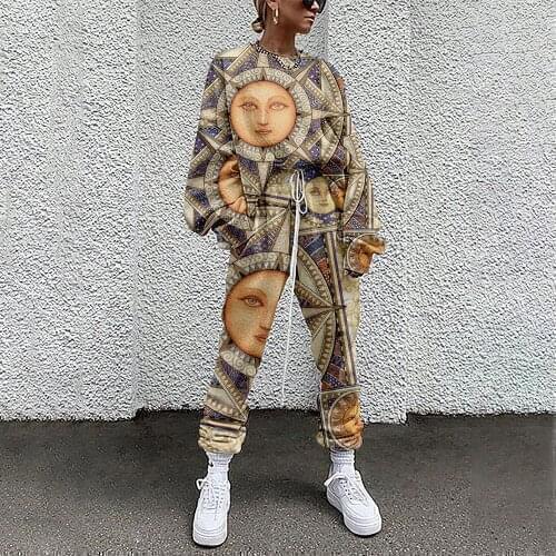 Women Long Pants Suits Autumn Winter Clothes 3D Printed Sun flower Personality Hip Hop Streetwear Loose Tops And Casual Trousers