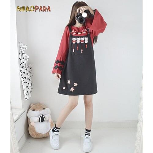 Fishing Cat Japanese Style Cute Womens 2pcs Set: Sakura Flare Sleeve Shirt + Suspender Jumper Dress Autumn