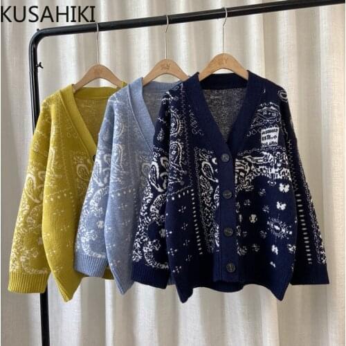 KUSAHIKI Korean Geometric Printed Oversized Cardigan Sweater Causal V-neck Long Sleeve Knit Jacket Autumn Winter Knitwear 6X146