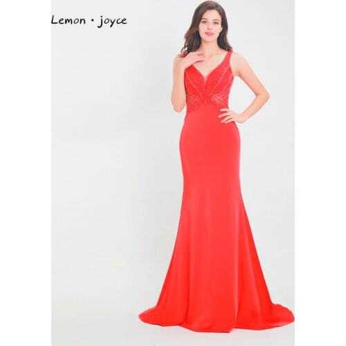 Lemon joyce Red Evening Dresses Long 2020 Sexy V-neck Backless Beading Mermaid Prom Party Gowns Plus Size