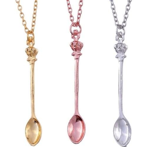 1PC New Gold Silver Color Tone Snuff Mini Tea Crown Tiny Tea Spoon Charm NecklaceSimple Vintage Royal Snuff Pendant Necklace