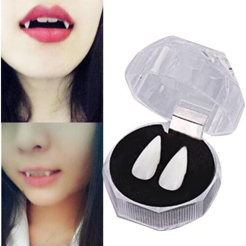 Besegad 2PCS 17mm Horror Halloween Cosplay Prop Vampire Dentures Fangs Tooth Fake Zombie Vampire Canine Teeth with Case