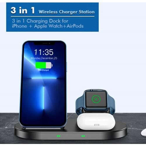 Aikulli 3 in 1 Wireless Charger Stand 15W Fast Charging Dock for iPhone 12 11 8 X XS XR Apple Watch Series 6 5 4 3 AirPods 2 pro