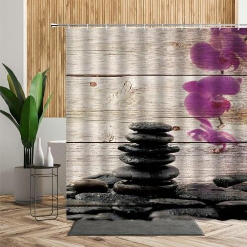 Black Zen Stone Purple Floral Shower Curtain Flower Wood Board Background Chinese Bath Curtains With Hook Spa Bathroom Decor Set