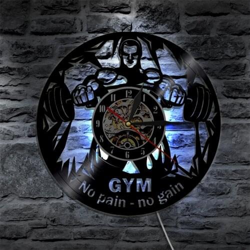 Gym Decoration Wall Clock Bodybuilding Vinyl Record Wall Clock No Pain No Gain Quote Fitness Studio Wall Decor Fitness Men Gift