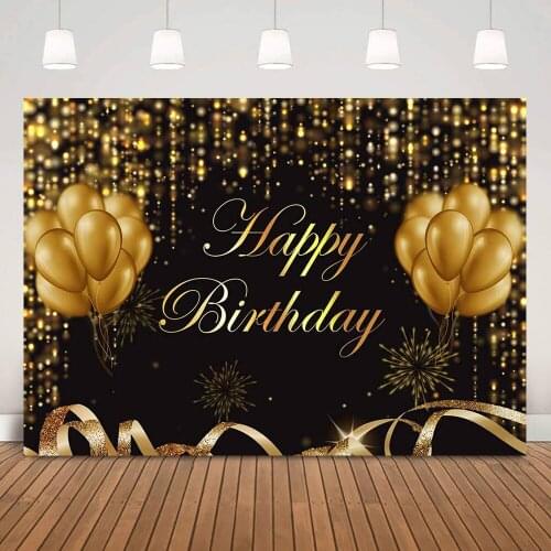 Gold Glitter Happy Birthday Black Backdrop Fireworks Golden Balloons Bokeh Adult Birthday Party Background Decor Photocall