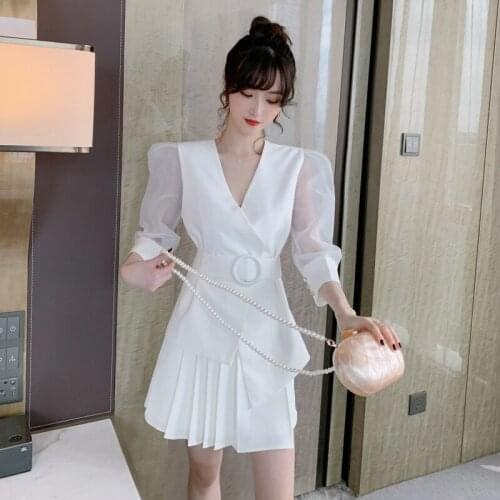 2 Piece Set 2020 Autumn high end Women Suit white belt mesh patchwork Top and Pleated Skirt Office Two Piece Set Elegant Ves