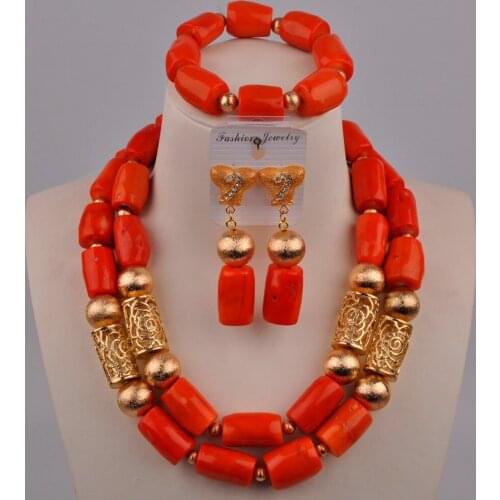 Fashion Nigerian Wedding Set Necklace Earrings Orange Coral Beads African Jewelry Set 21-E2-03