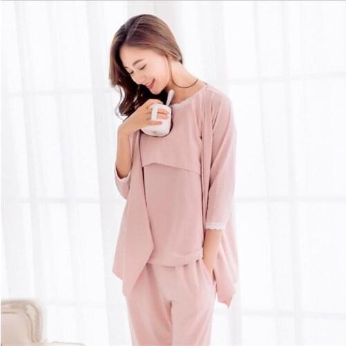 Three-piece set for pregnant women Round neck long-sleeved cotton maternity Postpartum home set Pure color breastfeeding suit