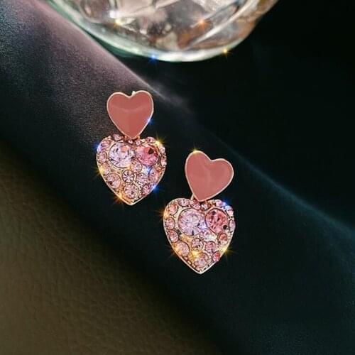 Korean Girl Cute Heart Pink Crystal Studs Earrings for Women Princess Studs Earrings Pendant Wholesale Fashion Wedding Jewelry