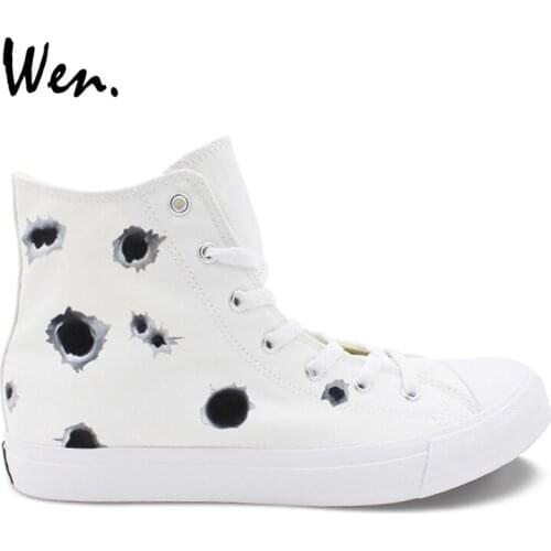 Wen Original Design Hand Painted Sneaker Bullet Hole High Top White Men Womens Canvas Shoes Adult Skateboarding Athletic Shoes