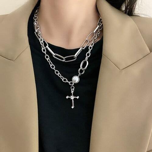 Hip Hop Street Style Pearl Layered Necklace Crystal Cross Pendant Charm Clavicle Chain Men Women Simple Jewelry