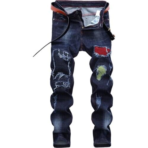 Mens Patchwork Ripped Denim Biker Jeans Streetwear Pleated Patch Stretch Pants Holes Contrast Color Trousers