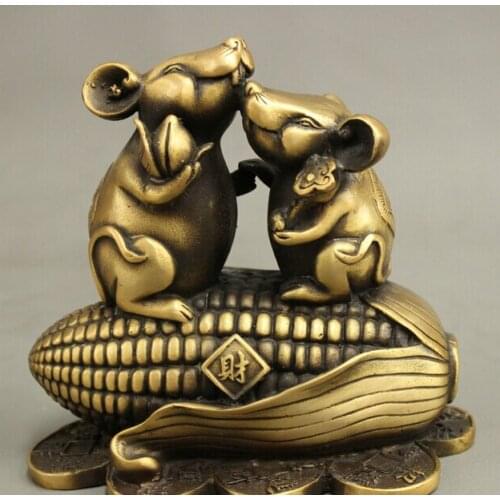 Wholesale factory Marked Chinese Folk Bronze RuYi Peach Wealth 2 Mouse Standing On The Corn Statue