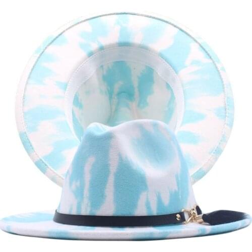 Fibonacci Women Tie-dye Wide Brim Belt Men Fedora Hats Spring Ladies Vintage Fascinator Multicolor Panama Felt Jazz Hat