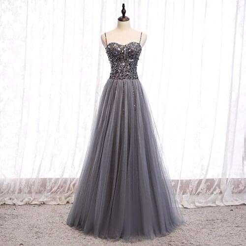 Evening Dress 2020 New Fashion Sexy Sleeveless Spaghetti Strap Beaded Prom Dress a Line Gray Floor Length Banquet Party Dresses