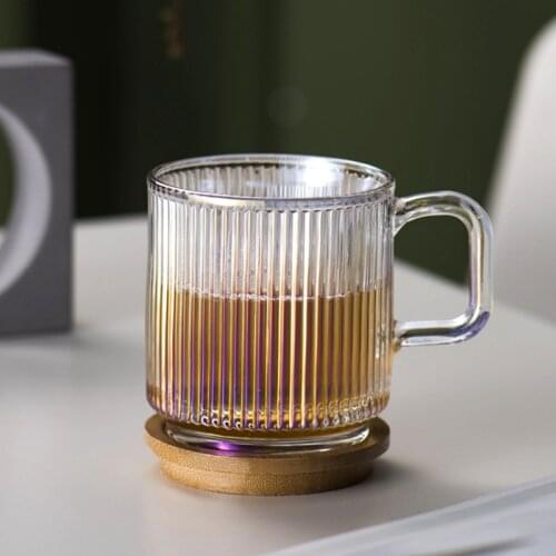 Water Cup350ml Nordic Wind Belt Handle Bamboo Cover Transparent Glass Stripe Cup Breakfast Milk Cup Multi Color Round Coffee Cup