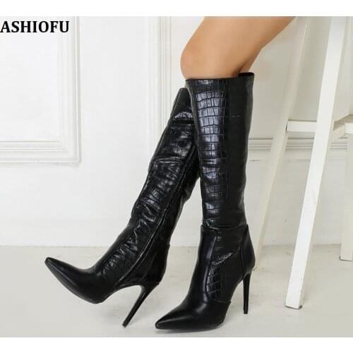 ASHIOFU New Handmade Ladies High Heel Knee Boots Sexy Party Club Winter Boots Evening Stiletto Fashion Boots Shoes