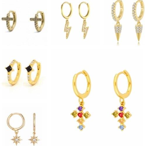 Pendientes Plata 925 Cross Star Black/Color Zircon Lightning 925 Sterling Silver Earrings For Women Earrings Hoops Trend Vintage