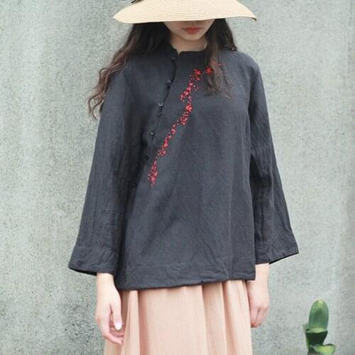 Johnature Women Vintage Embroidery Shirts Ramie Chinese Style Blouses 2021 Autumn New Button Loose Women Clothes Shirts And Tops