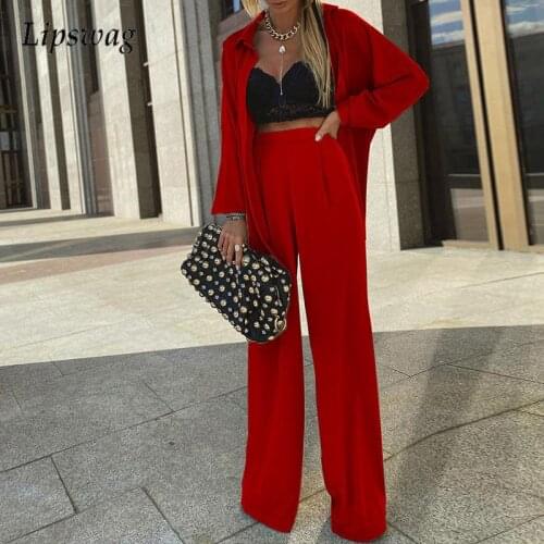 Women Fashion Turn-Down Collar Button Cardigan & Wide Leg Long Pants Suit Autumn Casual Long Sleeve Solid Outfits Two Piece Sets